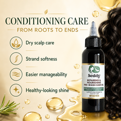 A bottle of Seddy Repairing & Nourishing Pre-Wash Hair Oil shown on a gold-toned promotional background with text listing benefits for dry scalp care, strand softness, manageability, and healthy-looking shine. A dark liquid bottle with a black cap and white label is positioned on the right, next to a close-up of dark wavy hair.