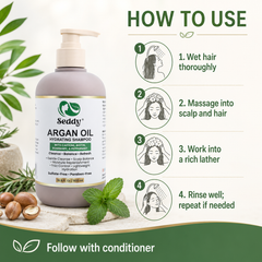 A bottle of Seddy Argan Oil Hydrating Shampoo shown next to a green 'How to Use' infographic on a light cream background with decorative leaves, nuts, and mint.