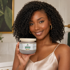 a woman holding hair mask