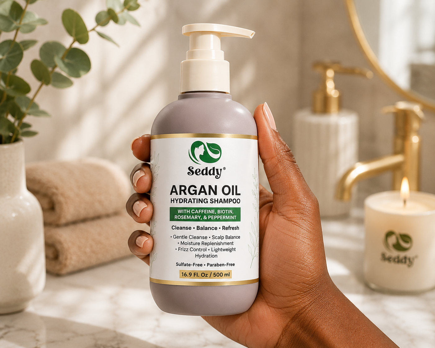 a woman holding argan oil hydrating shampoo