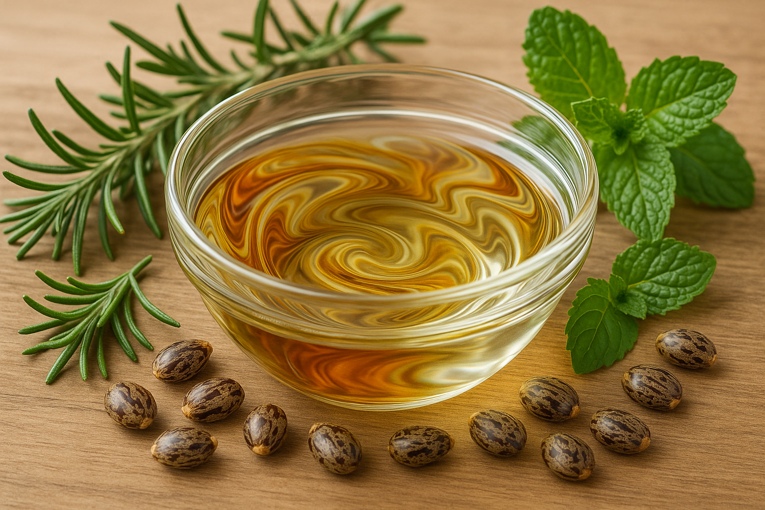 place all oils in one clear glass bowl and the leaves and seeds aaround it