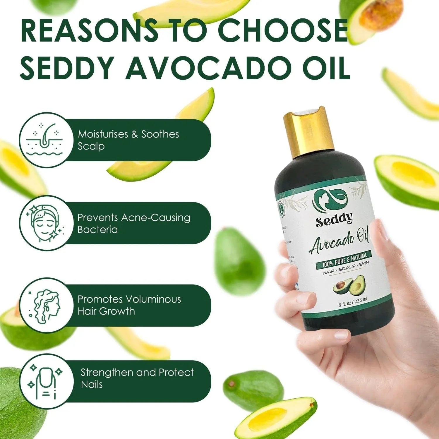 Pure Avocado Oil - Deep Moisture & Strength for Skin and Hair - 8 Fl. Oz - Seddy
