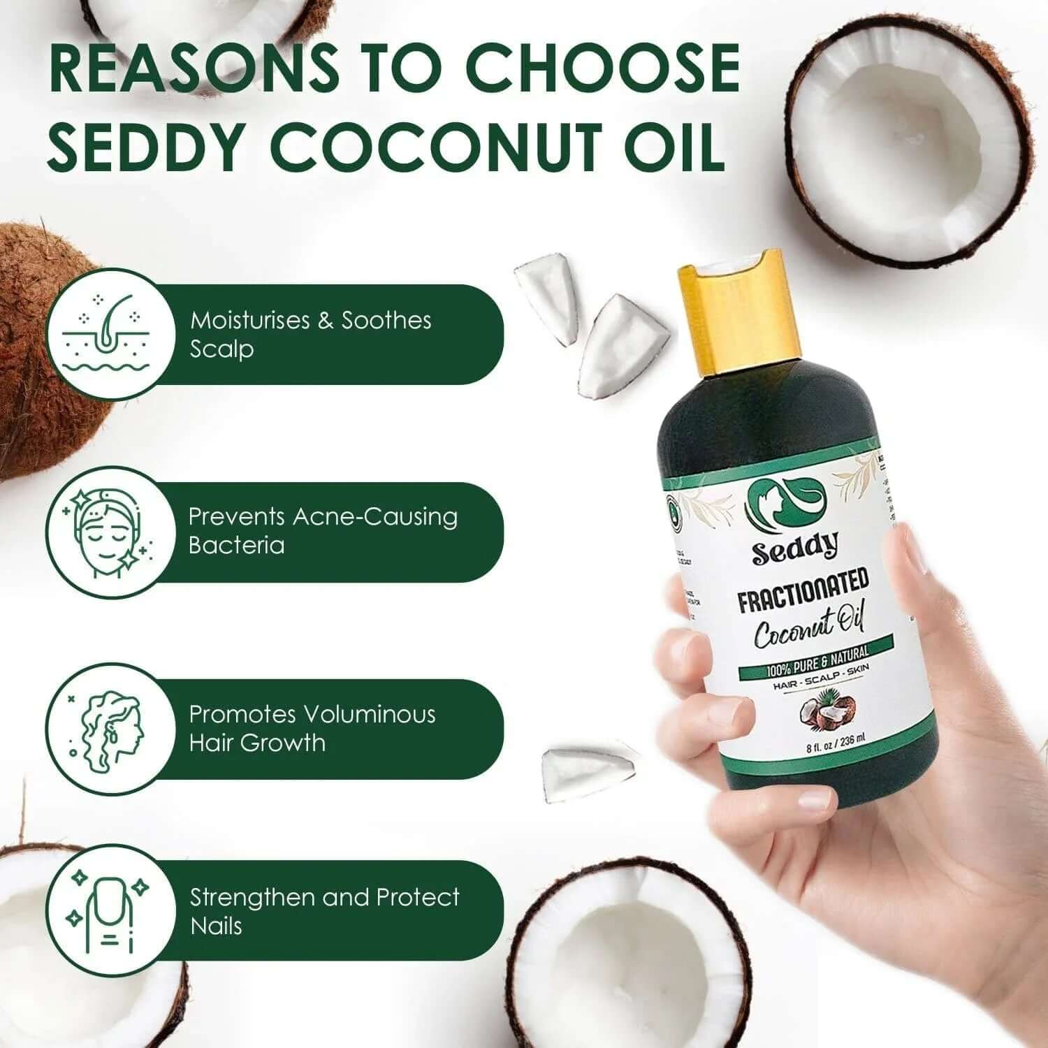 Pure Fractionated(MCT) Coconut Oil - Lightweight Hydration & Versatile Care - 8 Fl. Oz - Seddy