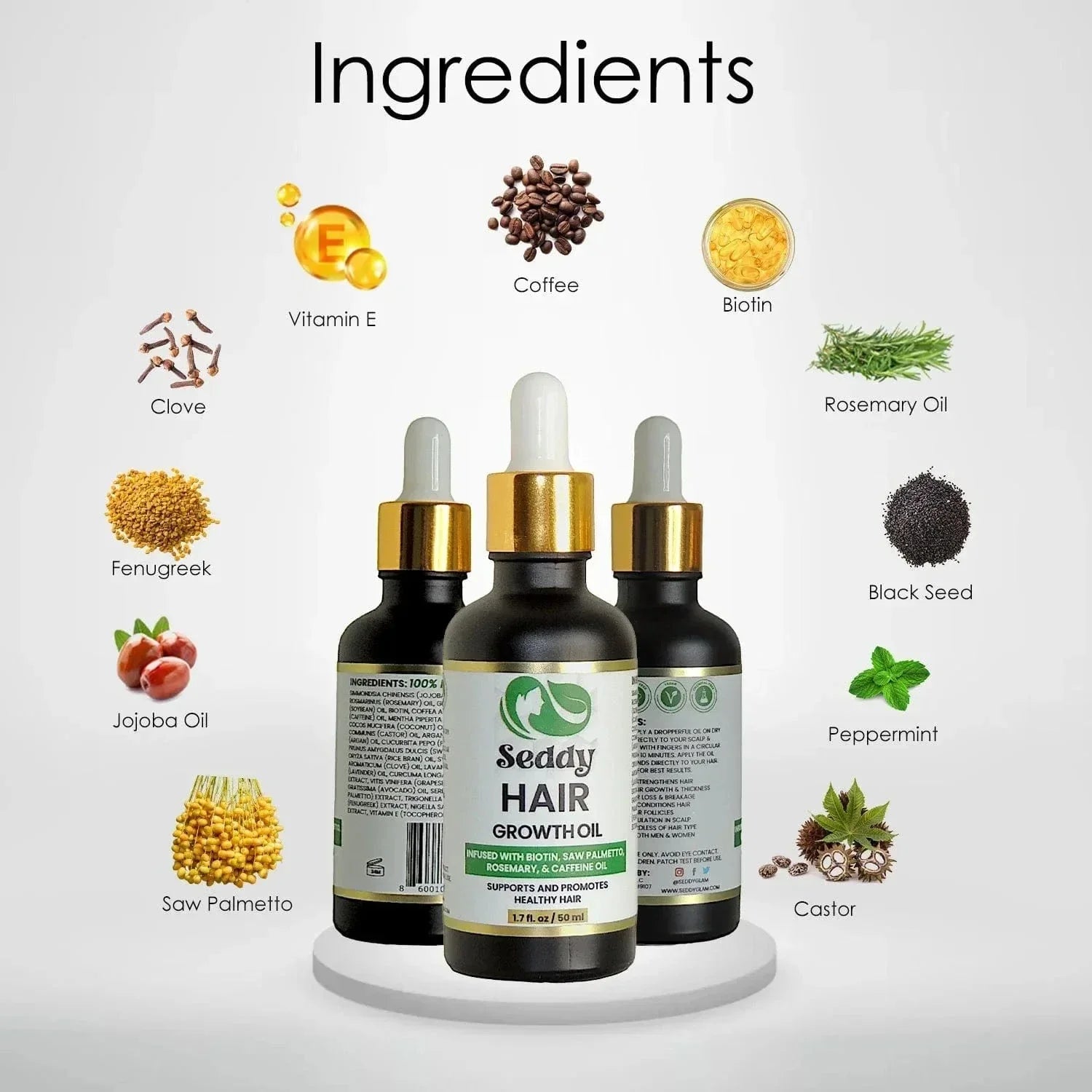 Hair Growth & Strengthening Oil – With Caffeine, Rosemary, and Peppermint Oil - 1.7 Fl Oz (Pack of 3) - Seddy