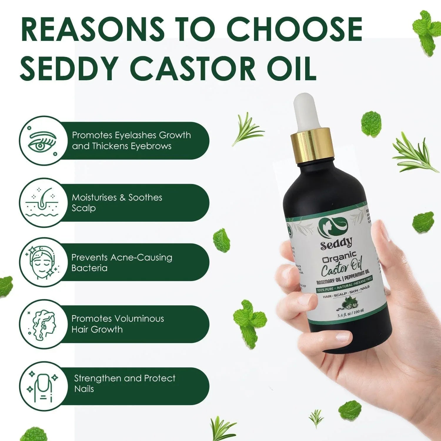 Organic Castor Oil with Rosemary & Peppermint Oil -3.4 Fl. Oz - Seddy