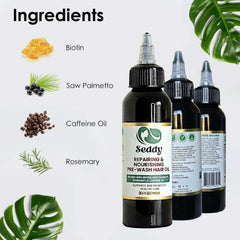 Ingredients of Seddy's Pre Wash Nourishing Treatment Oil including biotin, saw palmetto, caffeine oil, and rosemary.