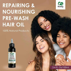 Seddy's Pre Wash Nourishing Treatment Oil with three women showcasing healthy hair, 100% natural ingredients.