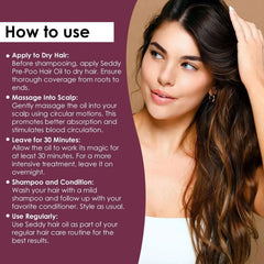 Instructions for using Pre Wash Nourishing Treatment Oil: apply, massage, leave for 30 minutes, shampoo, condition, and use regularly.