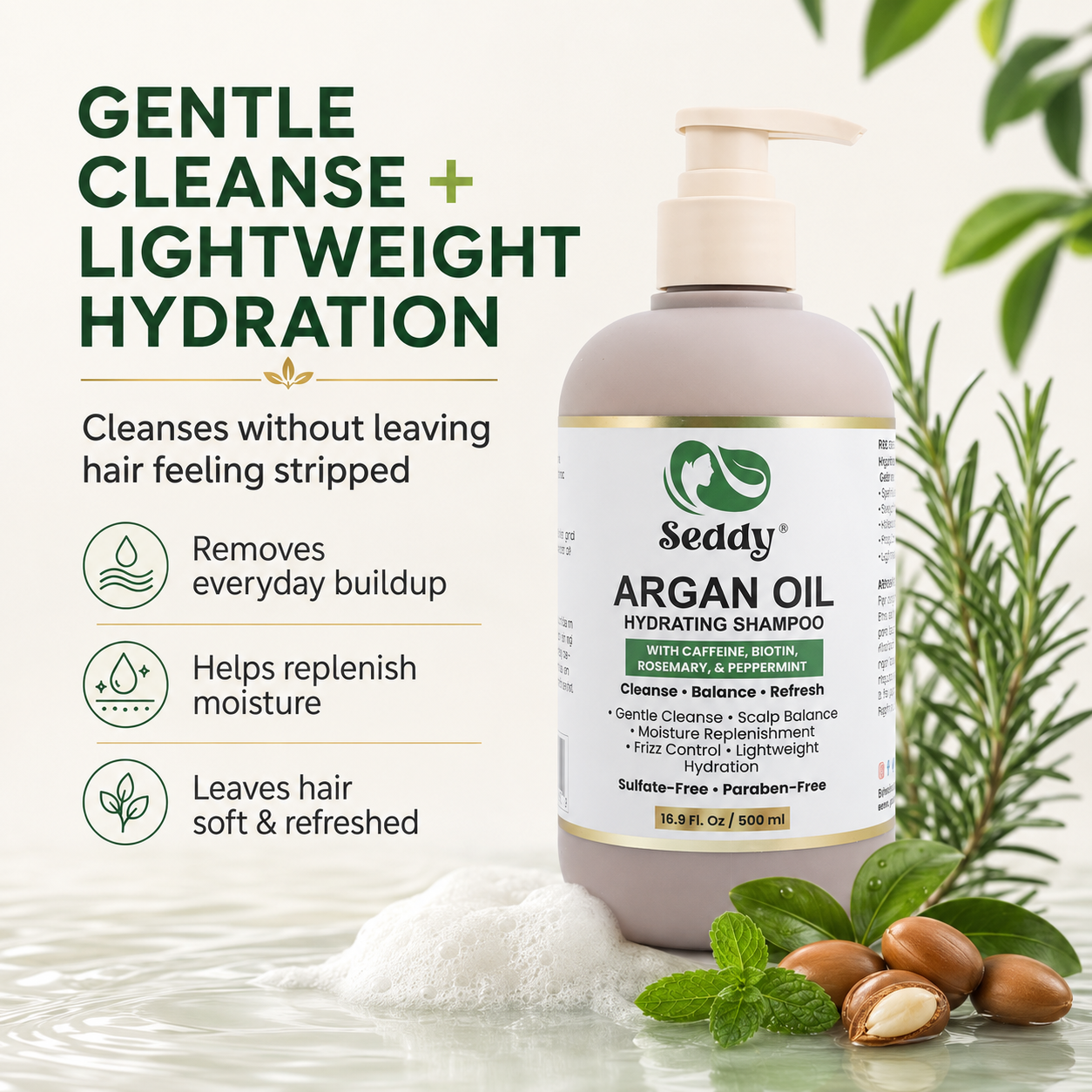 A bottle of Seddy Argan Oil Hydrating Shampoo stands on water with white foam around it, alongside argan nuts, green leaves, and marketing text on the left. The product is a pale beige pump bottle with a cream label and green branding.