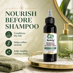 A bottle of Seddy Nourish Before Shampoo stands on a gold tray beside a folded green towel and a green bottle, with marketing text on the left reading 'NOURISH BEFORE SHAMPOO' and product benefits for dry hair, softened strands, and healthy shine.