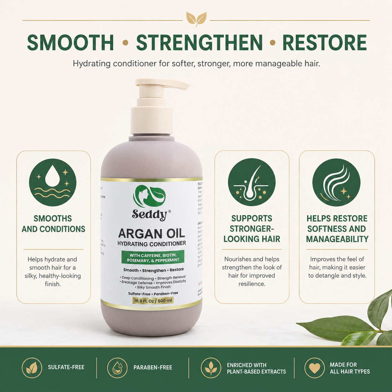 A bottle of Seaday Argan Oil Hydrating Conditioner centered on a light beige background with marketing text and feature callouts around it. The bottle is a pale taupe-beige with a cream pump and a white label featuring green and gold accents.