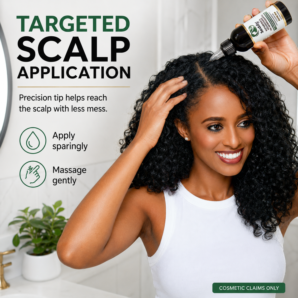 A woman with long, curly black hair applies a scalp treatment from a small bottle using her fingers and thumb, with promotional text on the left side of the image.