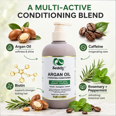 A bottle of Seddy Argan Oil Hydrating Conditioner centered on a light background, surrounded by ingredient callouts including argan oil, coffee beans, caffeine, biotin, rosemary, and peppermint. Large text at the top reads 'A MULTI-ACTIVE CONDITIONING BLEND.