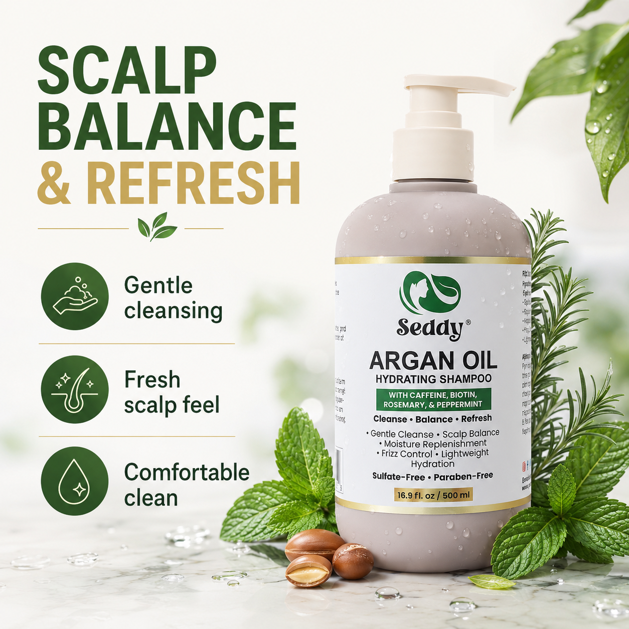 A bottle of Seddy Argan Oil Hydrating Shampoo stands on a light marble-like surface with green leaves and nuts around it. Large text on the left reads 'SCALP BALANCE & REFRESH' with icons for gentle cleansing, fresh scalp feel, and comfortable clean.