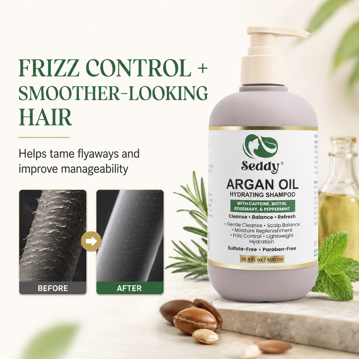 A bottle of Seddy Argan Oil Hydrating Shampoo stands on a light surface with argan nuts, mint leaves, and a small glass bottle nearby. Text on the left reads 'FRIZZ CONTROL + SMOOTHER-LOOKING HAIR' with before/after hair texture images.