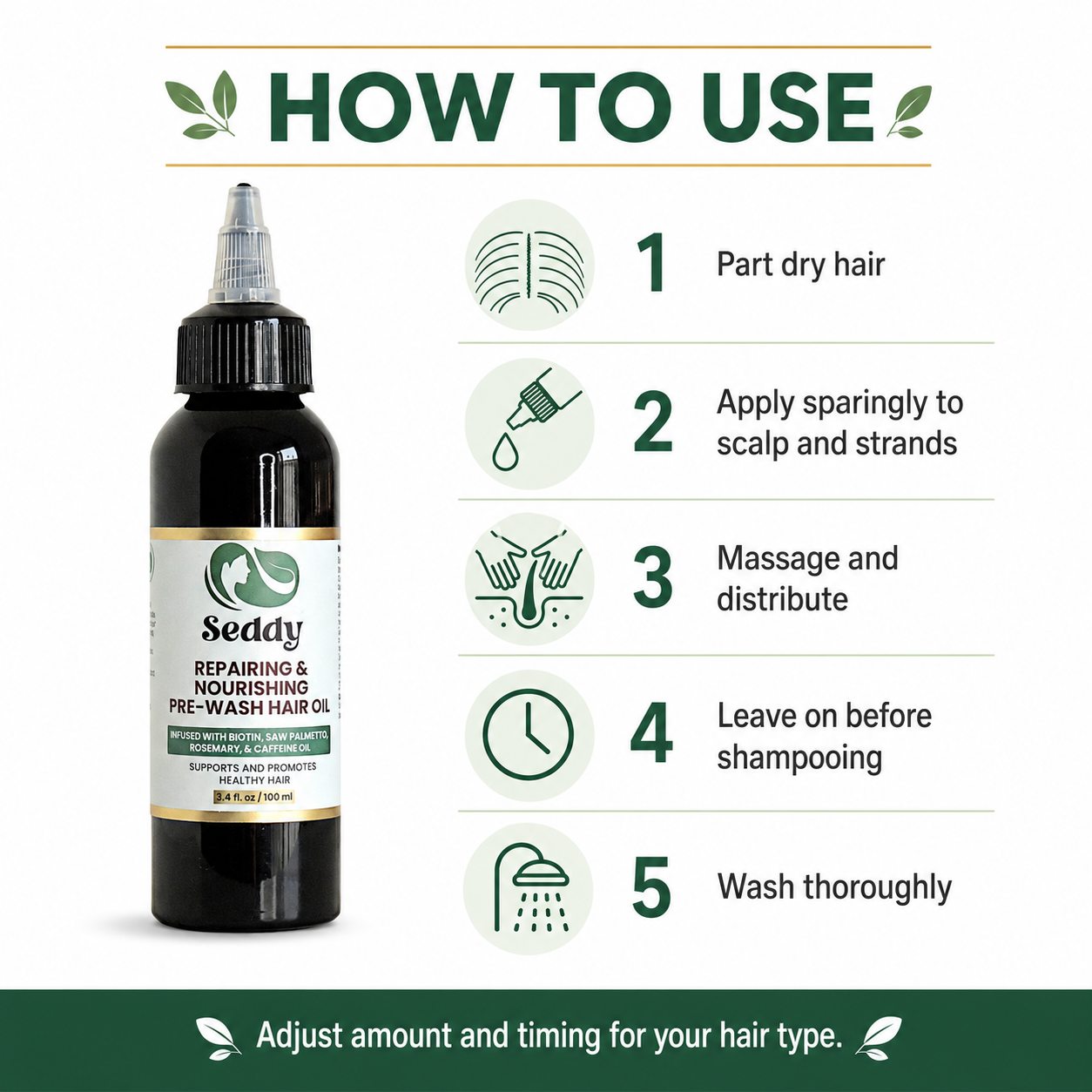 Instruction graphic for Seddy Repairing & Nourishing Pre-Wash Hair Oil, showing a black bottle on the left and five numbered usage steps on the right against a white background.