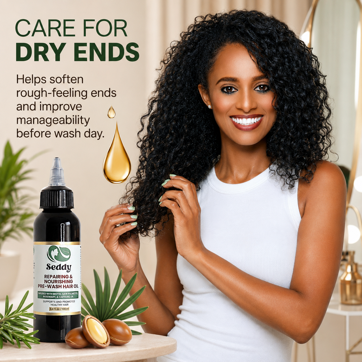 A smiling woman with voluminous curly hair stands beside a bottle of Seddy Reparative and Nourishing Pre-Wash Hair Oil, with text reading 'CARE FOR DRY ENDS' and decorative plants and acorns in a warm indoor setting.