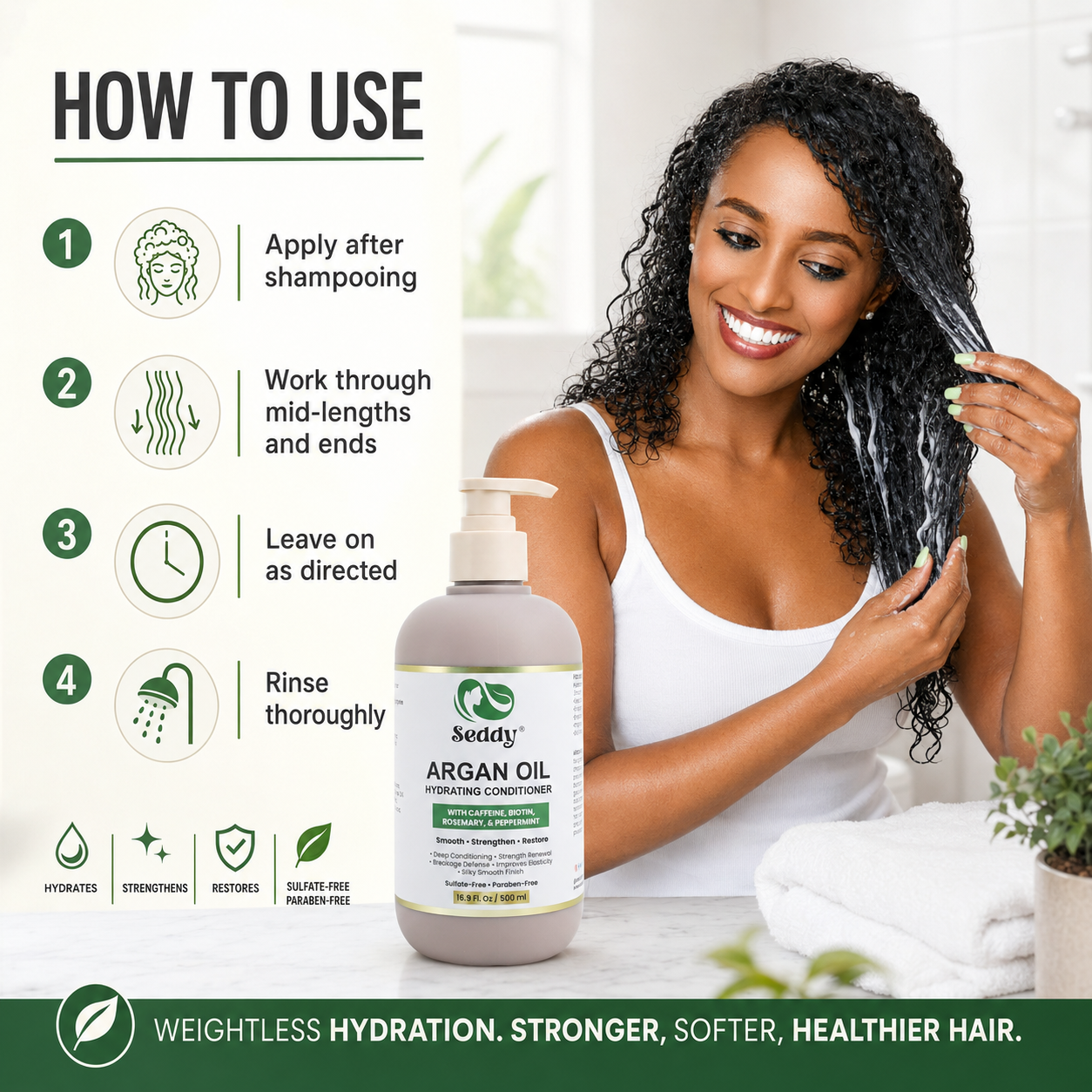 A promotional how-to-use graphic for Seddy Argan Oil Hydrating Conditioner. On the left is a numbered usage guide with icons and text, and on the right a smiling woman with long curly hair applies the white conditioner to her hair.