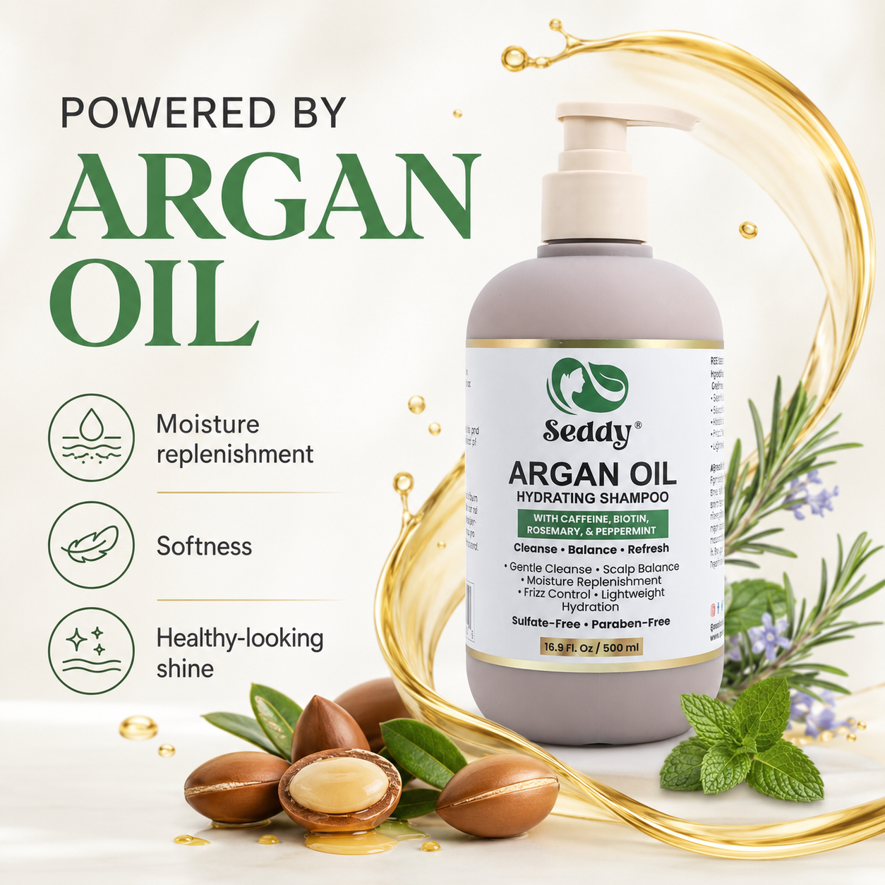 A bottle of Seddy Argan Oil Hydrating Shampoo shown on a clean white background with decorative argan nuts, mint leaves, flowers, and gold liquid swirls. Text on the left reads 'POWERED BY ARGAN OIL' with icons for moisture replenishment, softness, and healthy-looking shine.