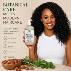 A smiling woman with curly black hair holds up a bottle of Bebaey Argan Oil Scalp Massager against a beige background. The left side features text detailing the benefits of the product, including gentle scalp cleansing, hair balance, moisturization, and frizz control, accompanied by ingredients like argan nuts, rosemary, and mint.