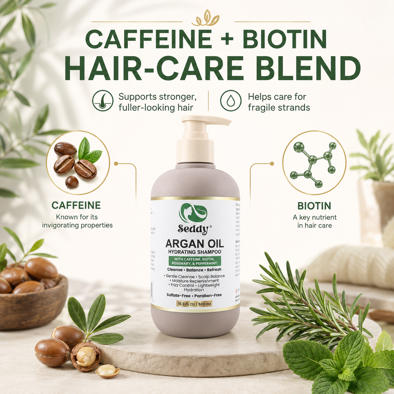 A bottle of Seddy Argan Oil Hydrating Shampoo centered on a light stone surface, surrounded by coffee beans, green leaves, and mint sprigs. Large text at the top reads 'CAFFEINE + BIOTIN HAIR-CARE BLEND' with feature icons and callout circles labeled 'CAFFEINE' and 'BIOTIN'.