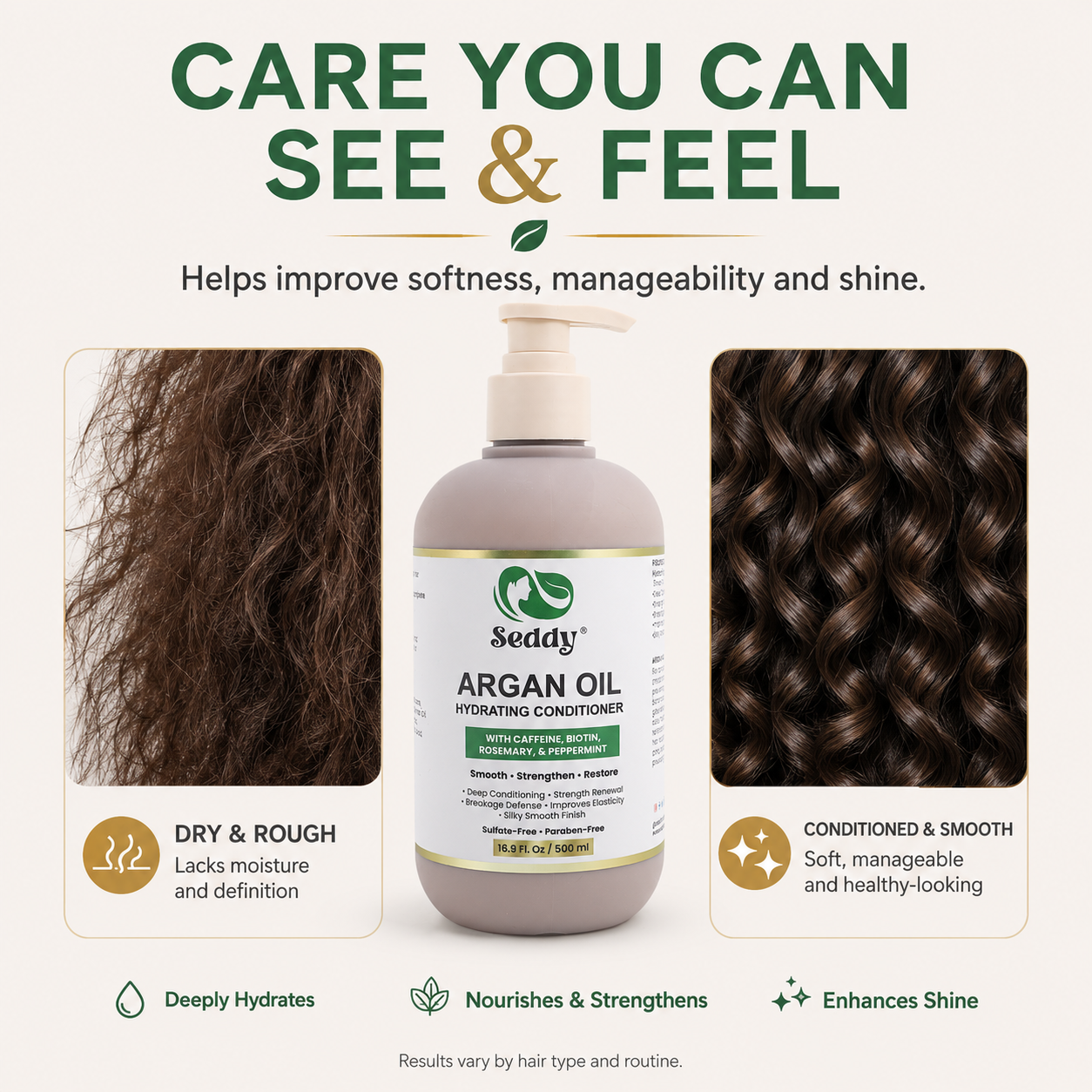 A bottle of Seddy Argan Oil Revitalizing Conditioner centered on a light beige background, with before-and-after hair texture comparisons and marketing text about softness, manageability, and shine.