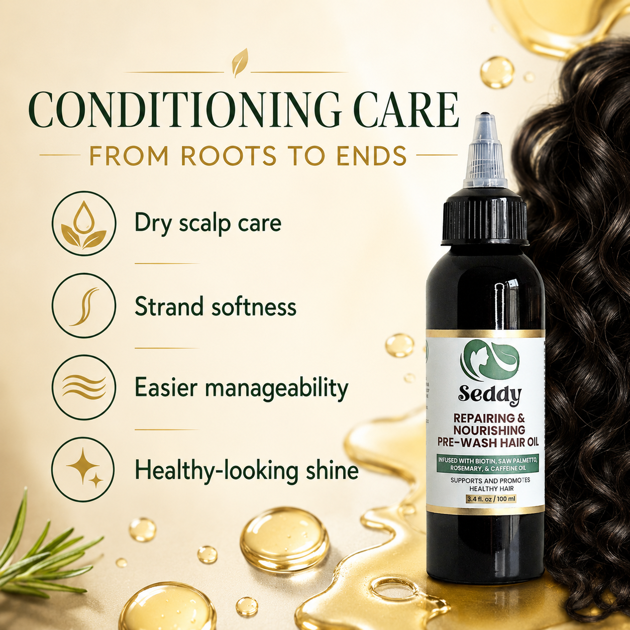 A bottle of Seddy Repairing & Nourishing Pre-Wash Hair Oil shown on a gold-toned promotional background with text listing benefits for dry scalp care, strand softness, manageability, and healthy-looking shine. A dark liquid bottle with a black cap and white label is positioned on the right, next to a close-up of dark wavy hair.