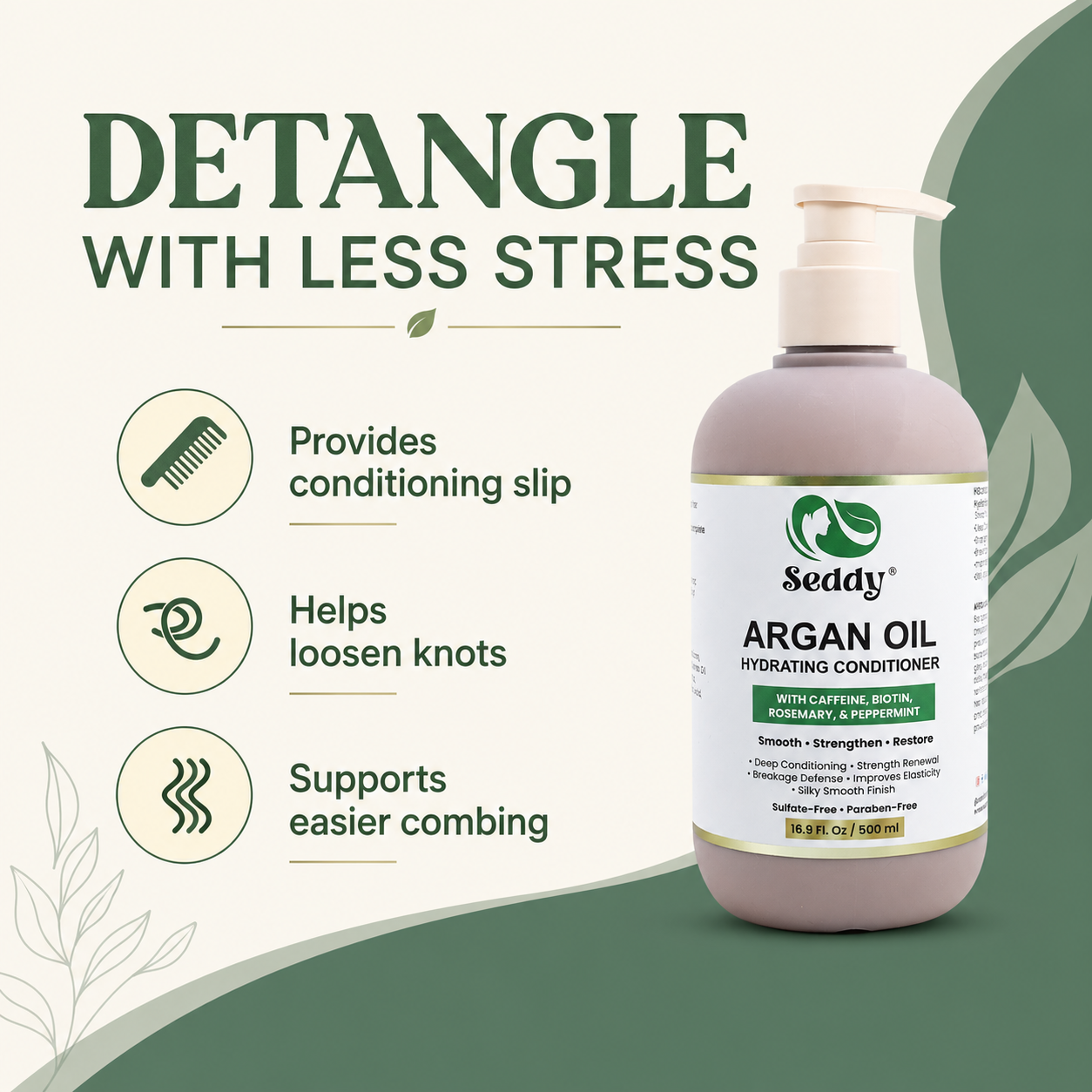 A pump bottle of Seddy Argan Oil Hydrating Conditioner shown on a styled beige and green graphic background with marketing text and icons about detangling and reducing stress.