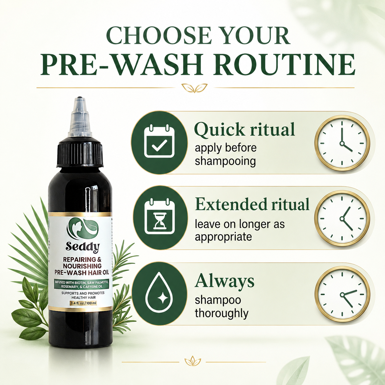 A promotional graphic for the Seddy Pre-Wash Routine hair oil, showing a dark bottle with a dropper cap on the left and three informational panels on the right explaining quick ritual, extended ritual, and always shampoo thoroughly. The background is a soft cream color with decorative leaves.