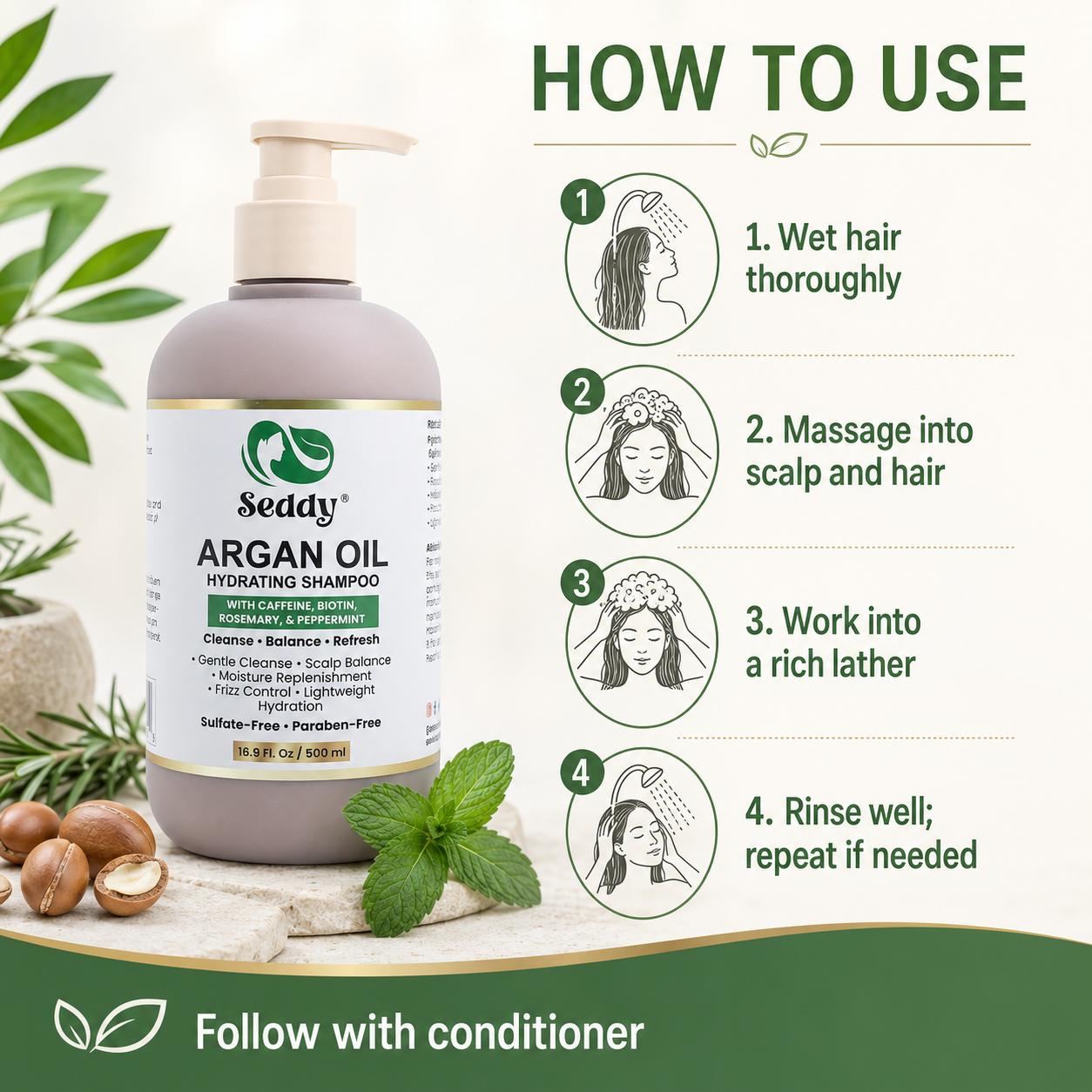A bottle of Seddy Argan Oil Hydrating Shampoo shown next to a green 'How to Use' infographic on a light cream background with decorative leaves, nuts, and mint.