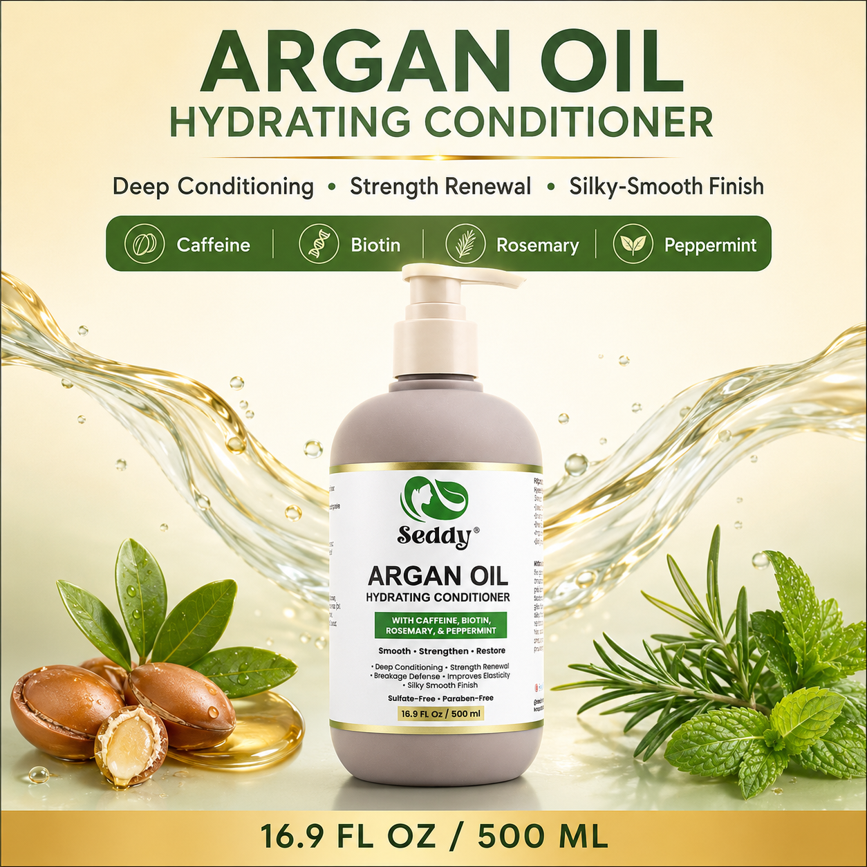 A pump bottle of Seday Argan Oil Hydrating Conditioner centered on a light cream background with decorative argan nuts, mint leaves, rosemary, and gold liquid splash graphics. Text at the top reads 'ARGAN OIL HYDRATING CONDITIONER' and the bottom reads '16.