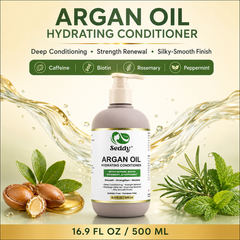 A pump bottle of Seday Argan Oil Hydrating Conditioner centered on a light cream background with decorative argan nuts, mint leaves, rosemary, and gold liquid splash graphics. Text at the top reads 'ARGAN OIL HYDRATING CONDITIONER' and the bottom reads '16.