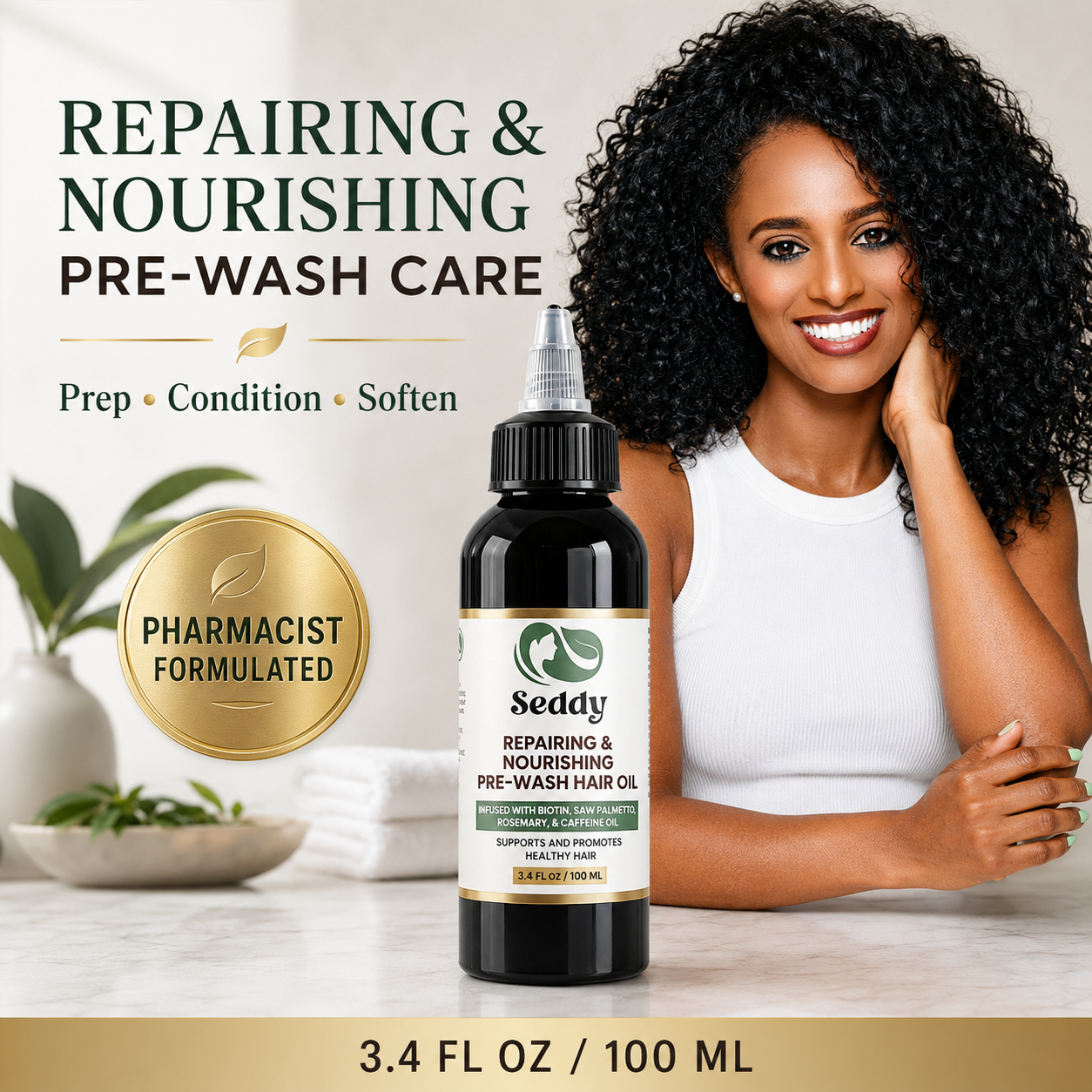 A bottle of Seddy Repairing & Nourishing Pre-Wash Hair Oil is shown in front of a smiling woman with curly hair, with promotional text and a gold pharmacist-formulated badge on a clean light background.