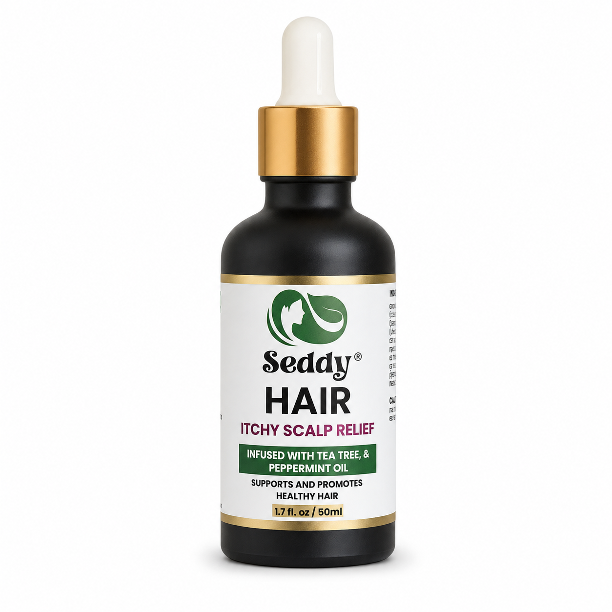 A 1.7 fl oz black glass dropper bottle of Seddy Hair Itchy Scalp Relief, featuring a white label with green and red text, a gold collar, and a white rubber dropper cap, set against a plain white background.