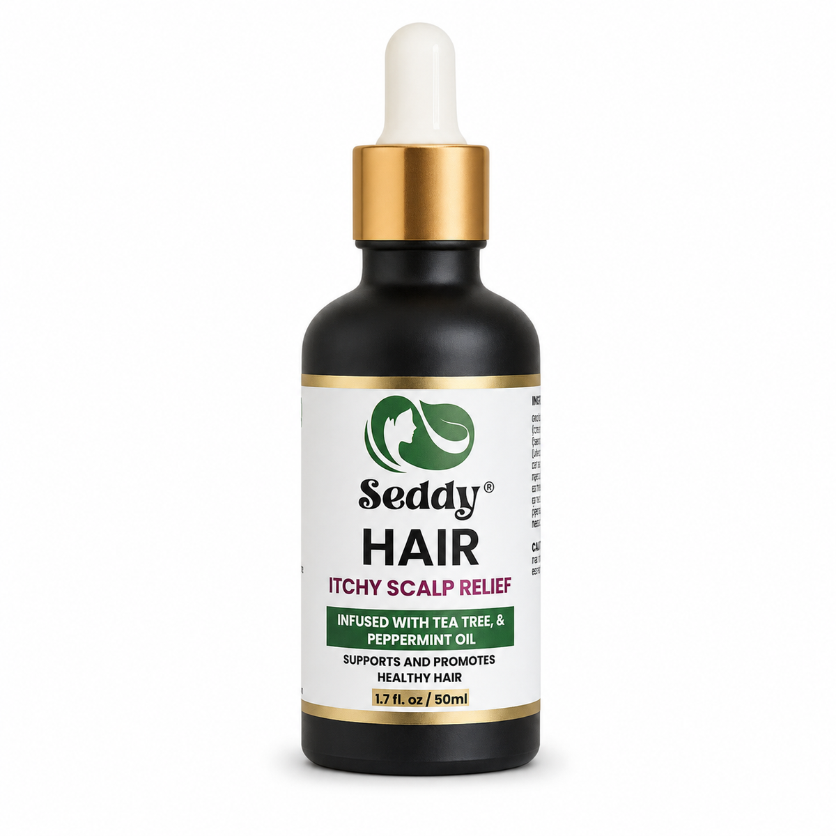 A 1.7 fl oz black glass dropper bottle of Seddy Hair Itchy Scalp Relief, featuring a white label with green and red text, a gold collar, and a white rubber dropper cap, set against a plain white background.