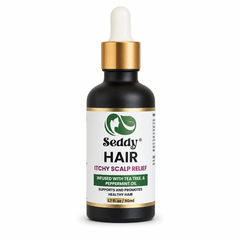 A 1.7 fl oz black glass dropper bottle of Seddy Hair Itchy Scalp Relief, featuring a white label with green and red text, a gold collar, and a white rubber dropper cap, set against a plain white background.