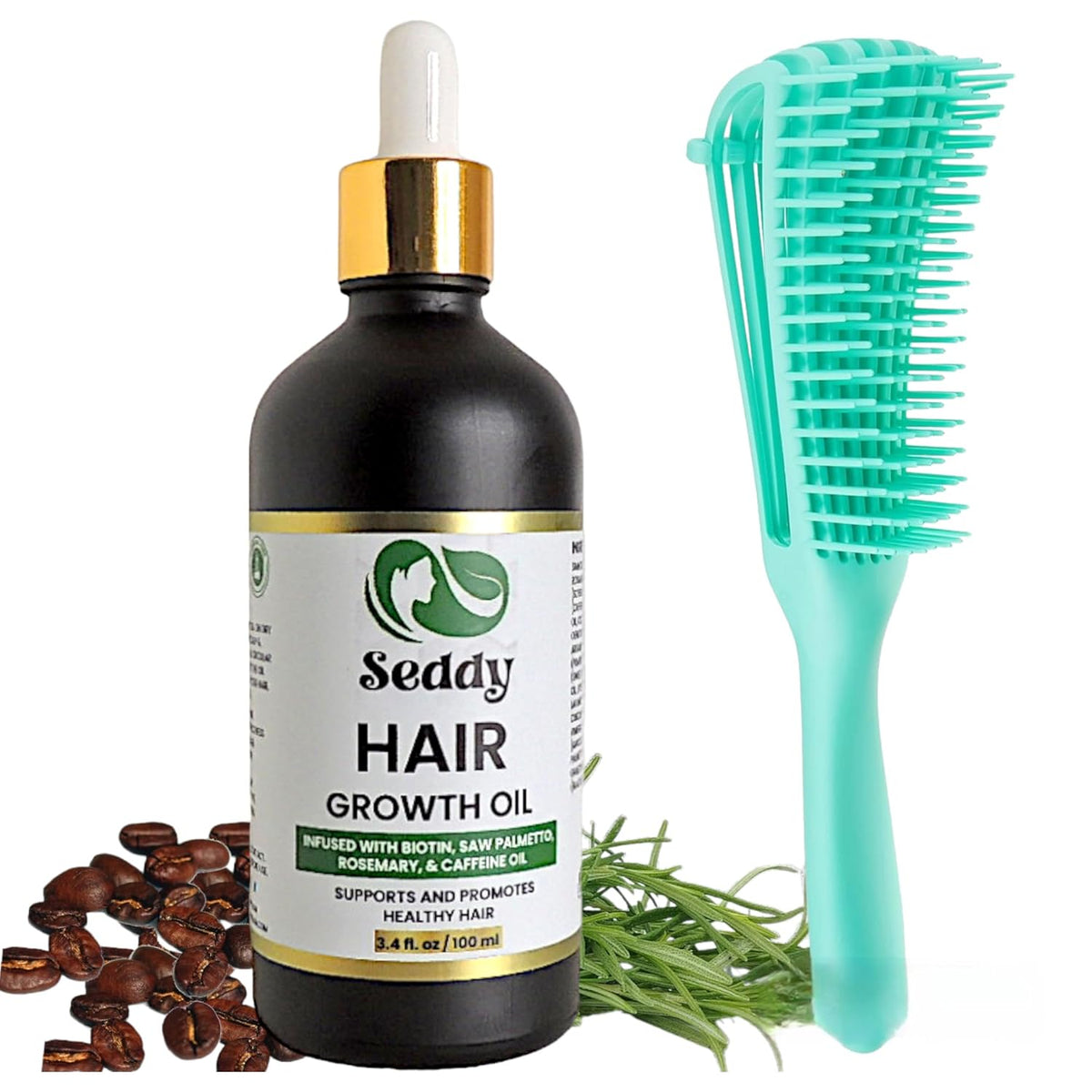 Seddy Hair Growth & Strengthening Oil with Caffeine, Rosemary, Castor, Biotin, Peppermint, & Green Detangling Brush