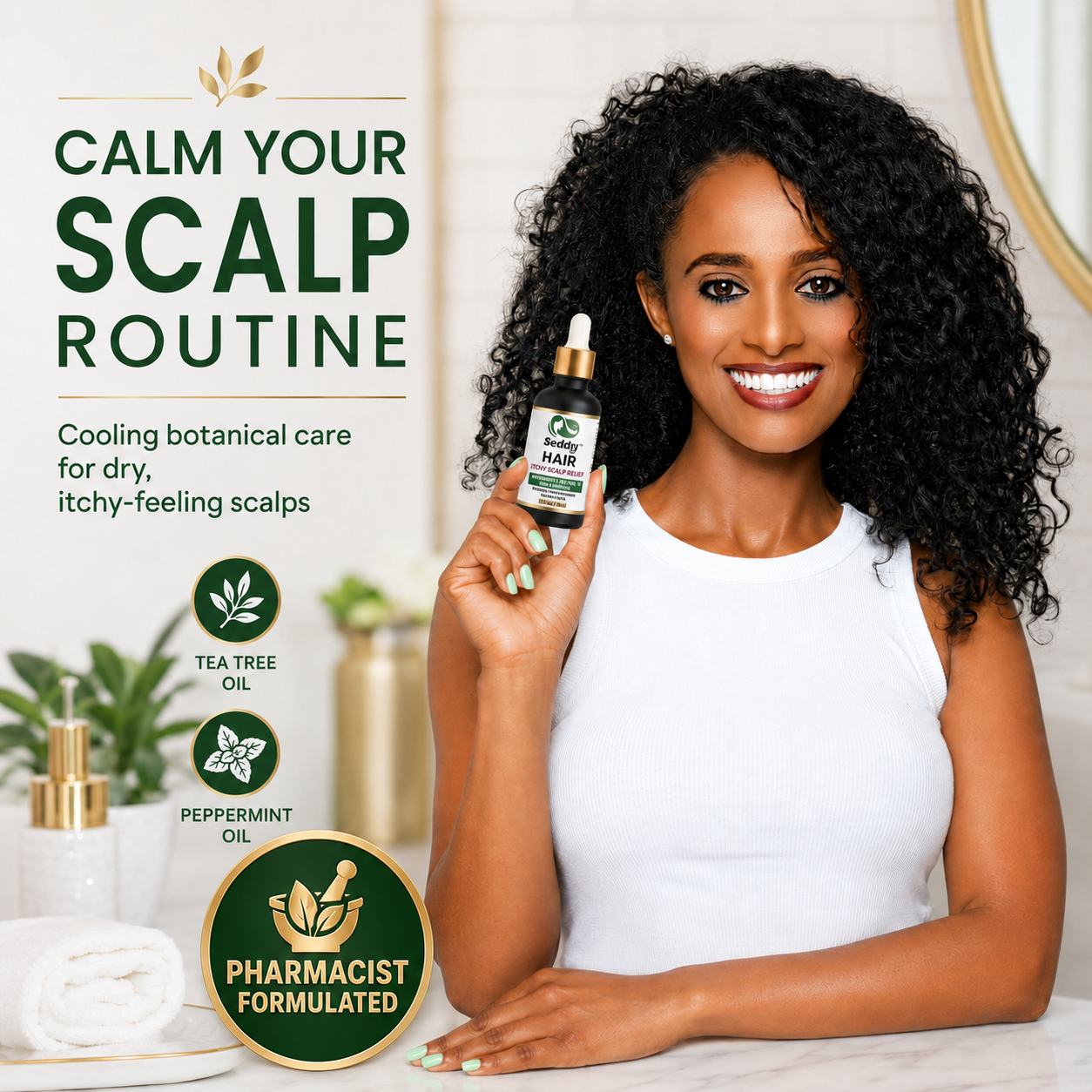 A smiling woman with curly black hair holds up a small dropper bottle of Scalp Health cooling botanical scalp oil. The image is a promotional graphic with text reading 'CALM YOUR SCALP ROUTINE' and icons for tea tree oil and peppermint oil.