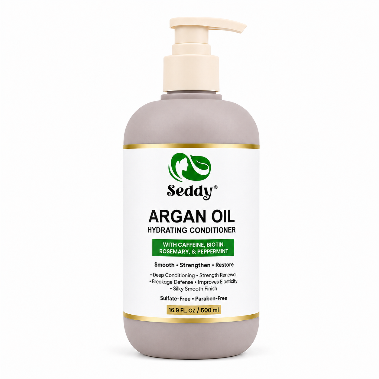 A 16.9 fl oz pump bottle of Seddy Argan Oil Hydrating Conditioner, featuring a taupe-gray bottle, a cream-colored pump dispenser, and a white label with green and gold accents.