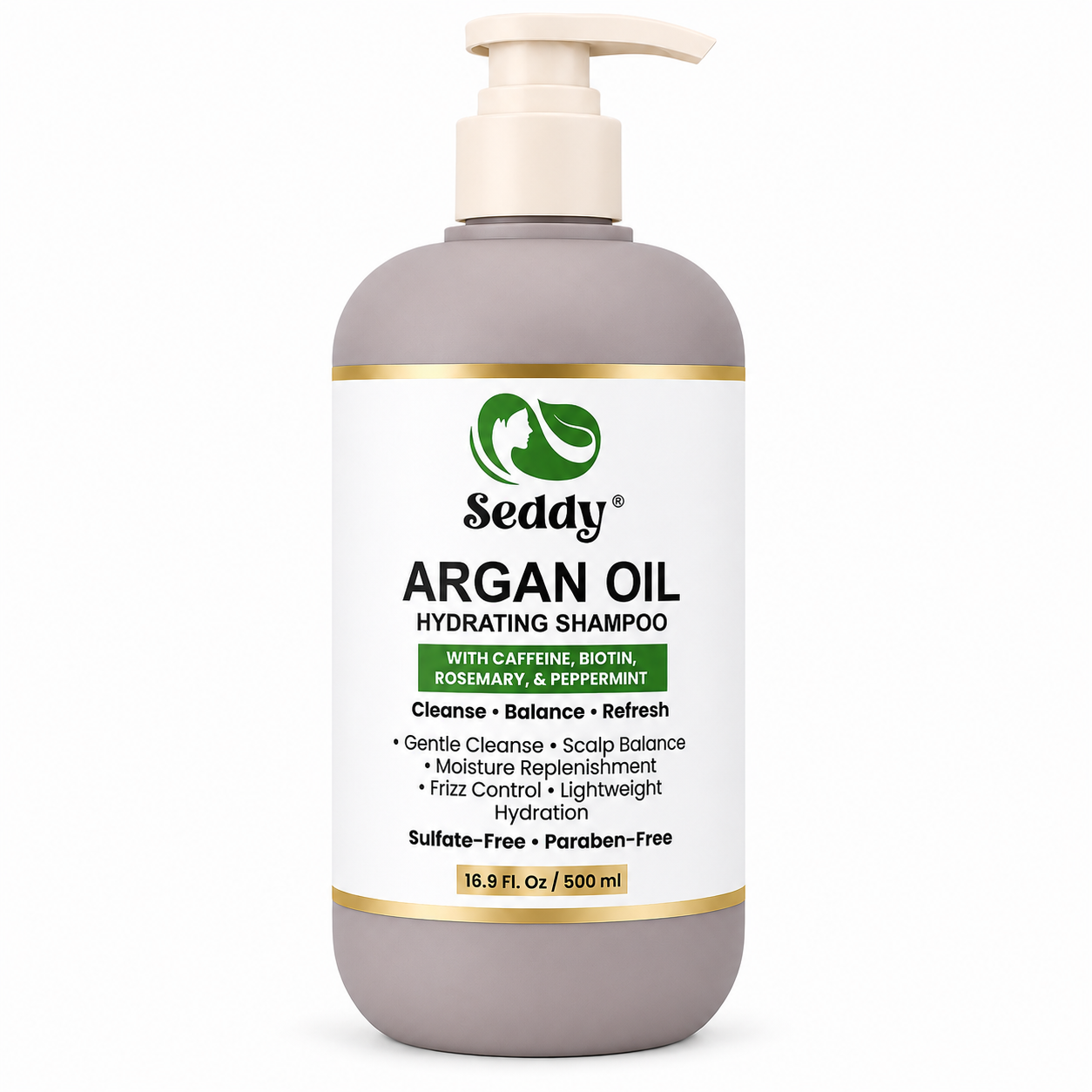 A 16.9 fl oz pump bottle of Seddy Argan Oil Hydrating Shampoo, featuring a white label with green and black text, a gray-brown bottle body, and gold accents, set against a plain white background.