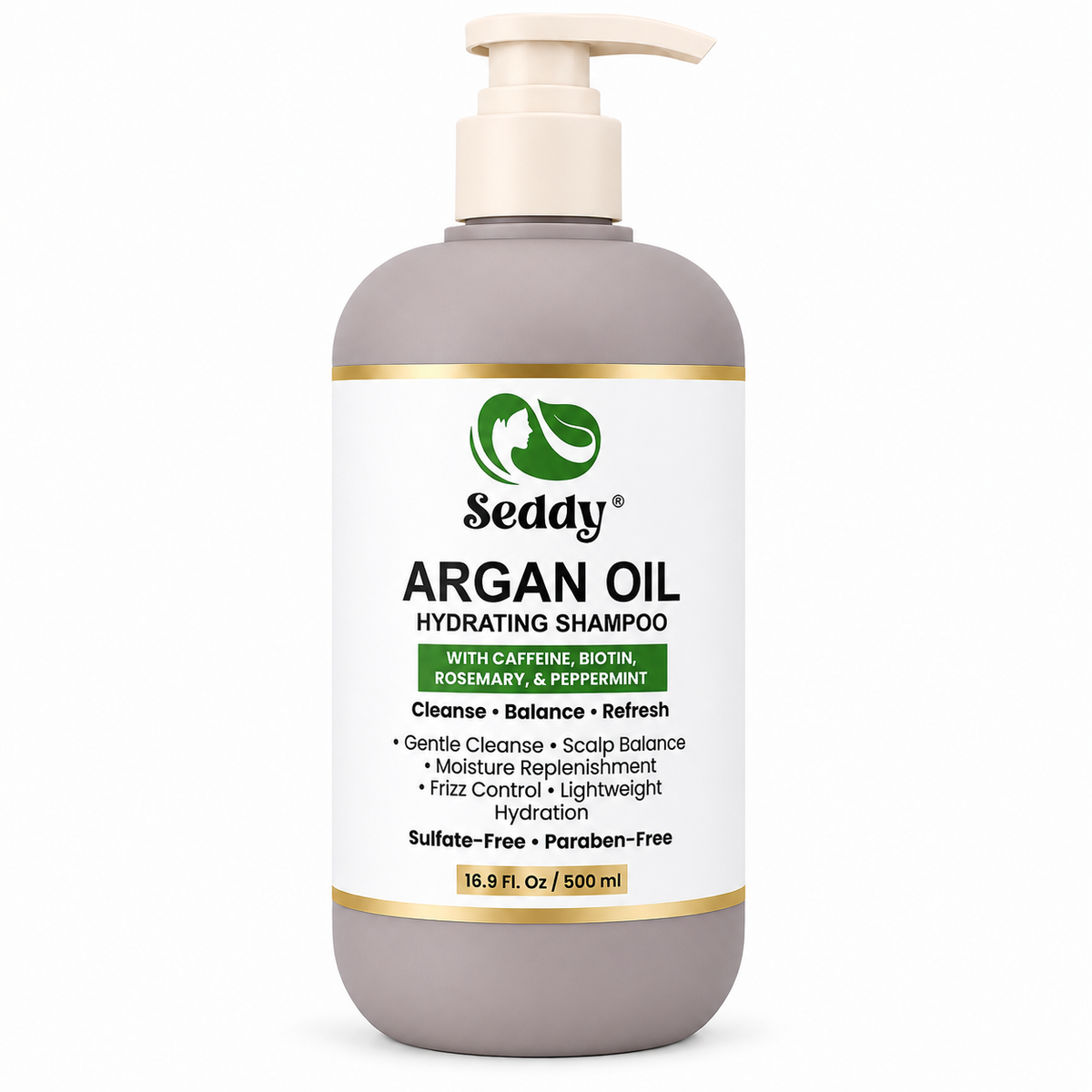A 16.9 fl oz pump bottle of Seddy Argan Oil Hydrating Shampoo, featuring a white label with green and black text, a gray-brown bottle body, and gold accents, set against a plain white background.