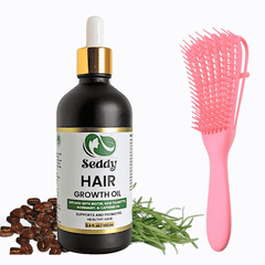 Seddy Hair Growth & Strengthening Oil with Caffeine, Rosemary, Castor, Biotin, Peppermint, & Pink Detangling Brush