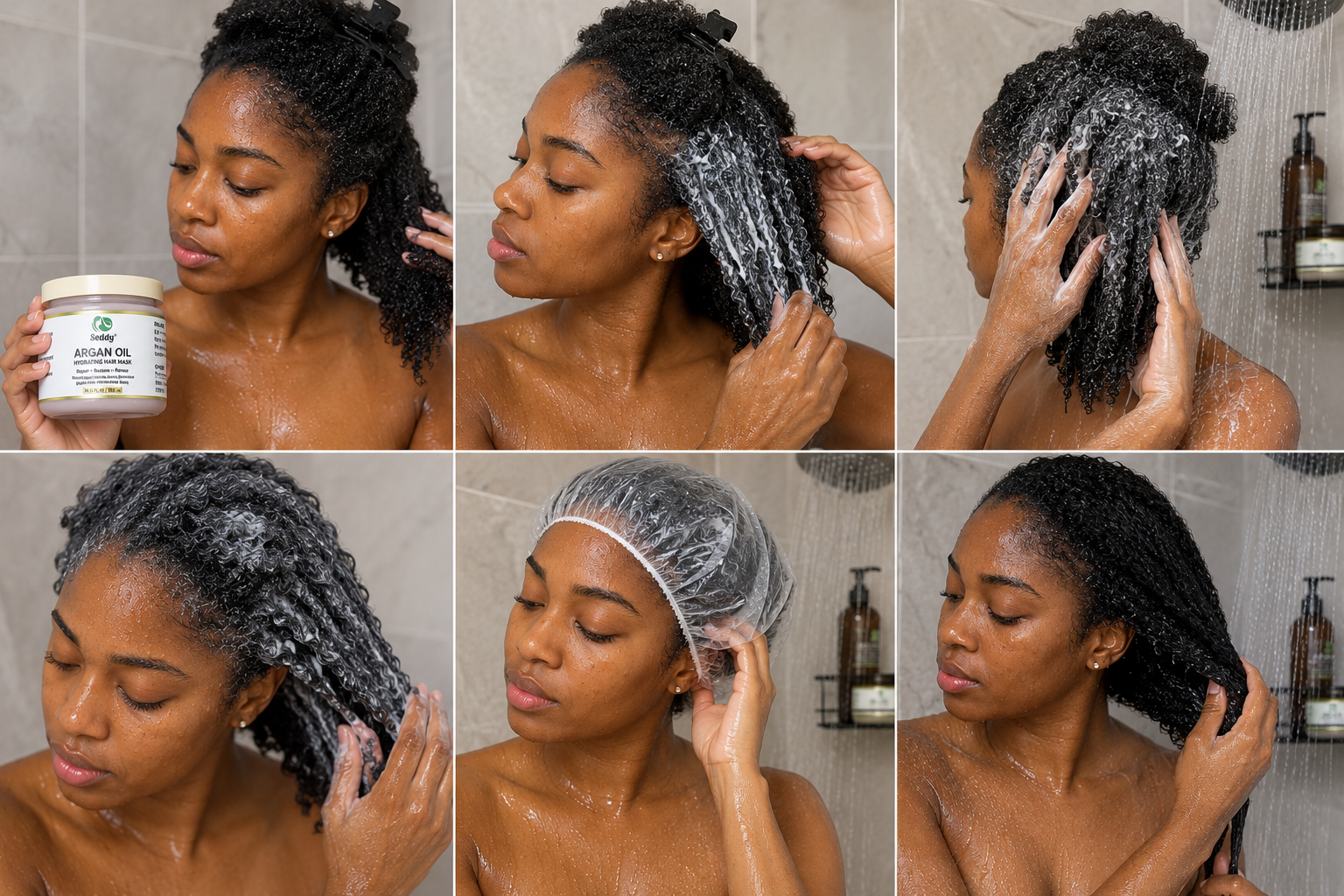 a woman applying argan oil hair mask step by step