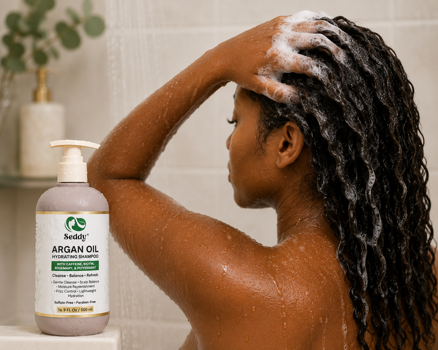 a woman shampooing her hair with seddy argan oil hydrating shampoo