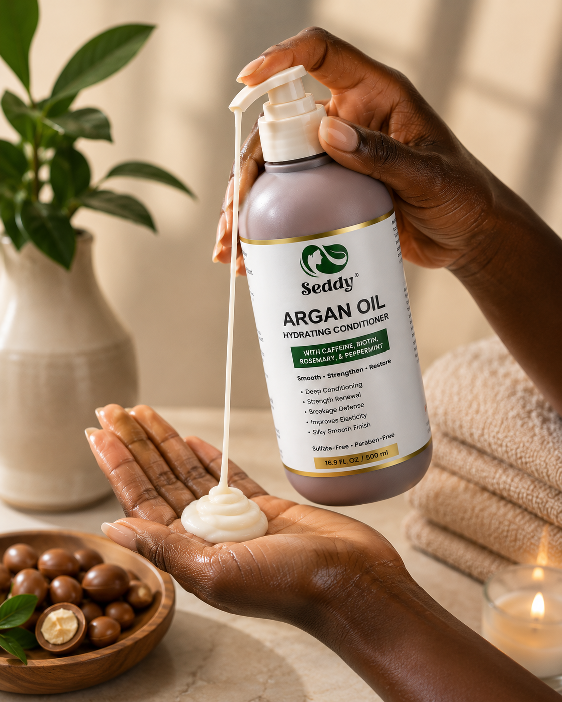 argan oil hydrating conditioner pumped out of the bottle