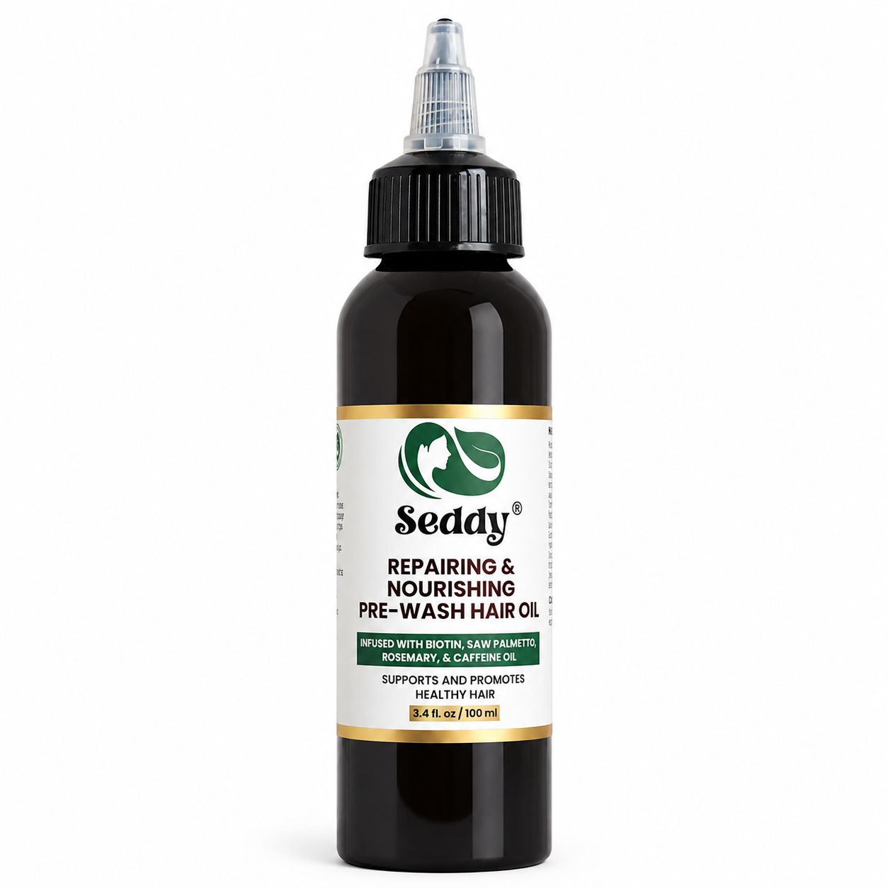 A bottle of Seddy Repairing & Nourishing Pre-Wash Hair Oil on a plain white background. The product is in a dark amber bottle with a black cap and a white label featuring green and gold accents.