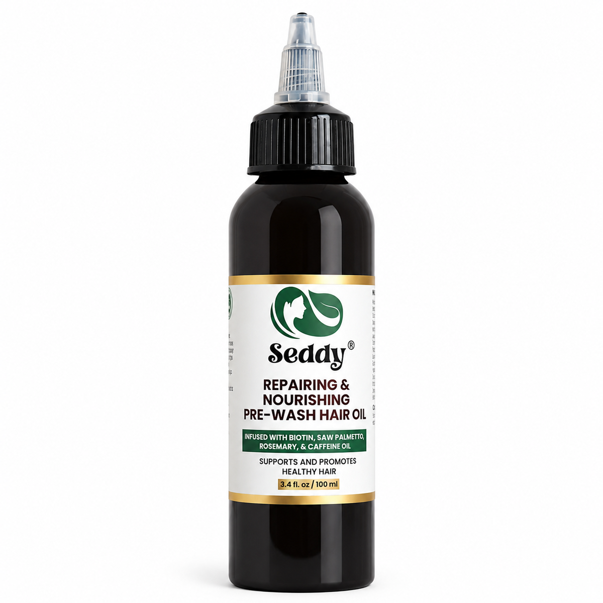 A bottle of Seddy Repairing & Nourishing Pre-Wash Hair Oil on a plain white background. The product is in a dark amber bottle with a black cap and a white label featuring green and gold accents.