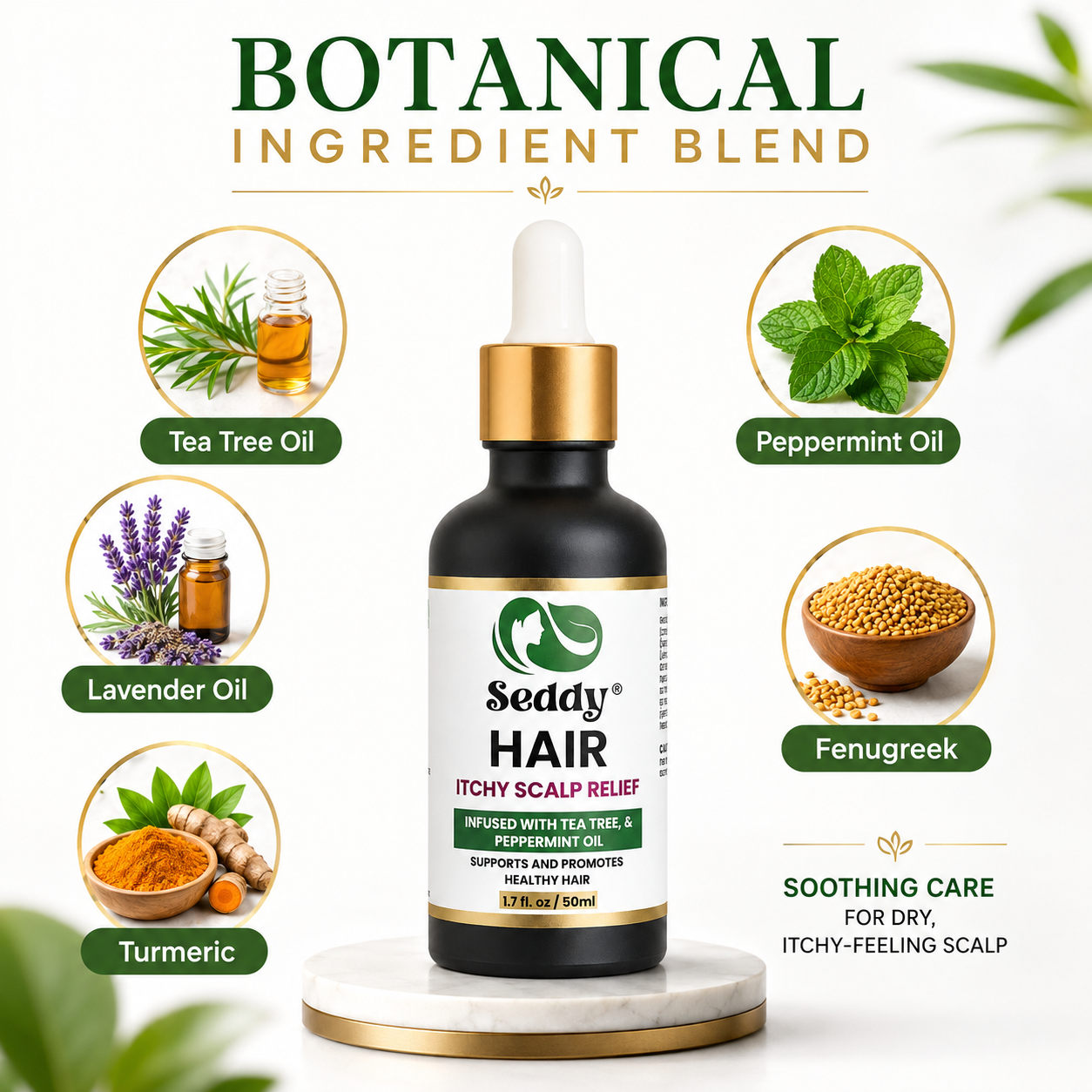 A bottle of Seddy Hair Itchy Scalp Relief centered on a white background, surrounded by circular callouts for botanical ingredients including Tea Tree Oil, Peppermint Oil, Lavender Oil, Fenugreek, and Turmeric. Large text at the top reads 'BOTANICAL INGREDIENT BLEND' and the right side includes 'SOOTHING CARE FOR DRY, ITCHY-FEELING SCALP'.