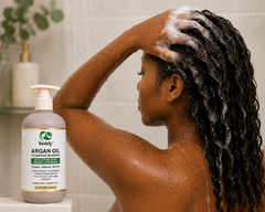 a woman shampooing her hair with seddy argan oil hydrating shampoo