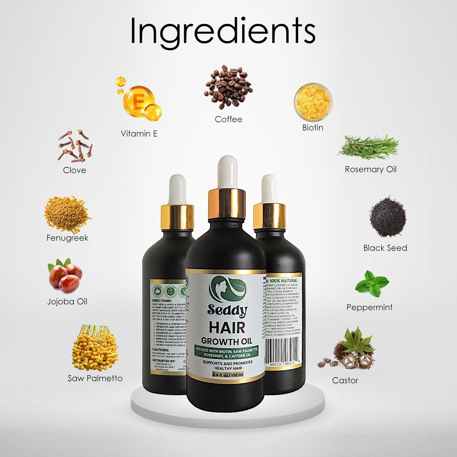 Seddy Strengthening Caffeine Rosemary Mint Hair Oil – Hair Growth & Scalp Treatment for Thicker, Fuller, Healthier Hair -3.4 Fl. Oz